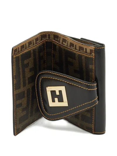 Pre-owned Fendi French Coated-canvas Compact Wallet In Black