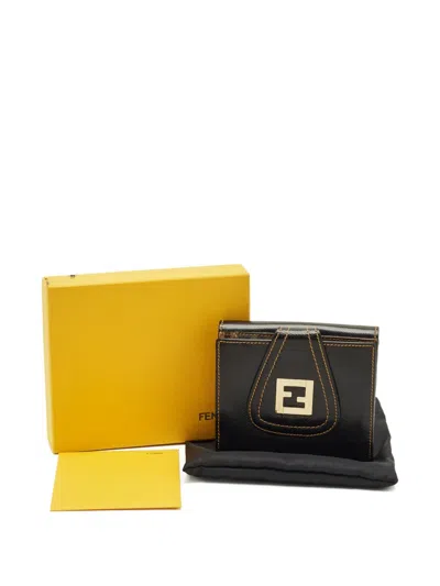 Pre-owned Fendi French Coated-canvas Compact Wallet In Black