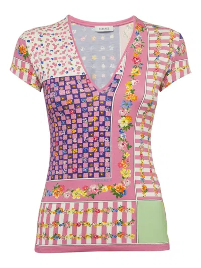 Pre-owned Versace Printed V-neck T-shirt In Pink