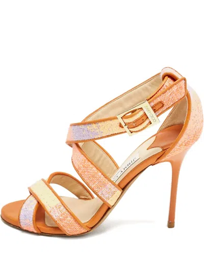 Pre-owned Jimmy Choo 95mm Lou Leather Sandals In Orange