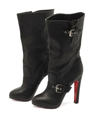 Pre-owned Christian Louboutin Flanavec Buckle Leather Boots In Black