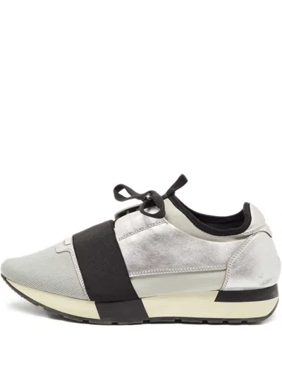 Pre-owned Balenciaga Knit Leather Lace-up Band Sneakers In Gray