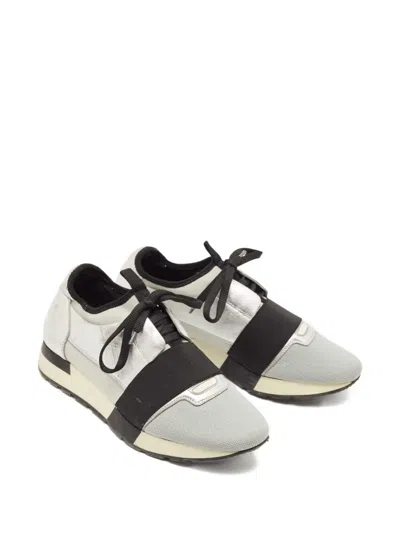 Pre-owned Balenciaga Knit Leather Lace-up Band Sneakers In Gray