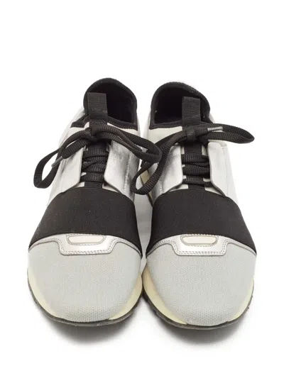 Pre-owned Balenciaga Knit Leather Lace-up Band Sneakers In Gray