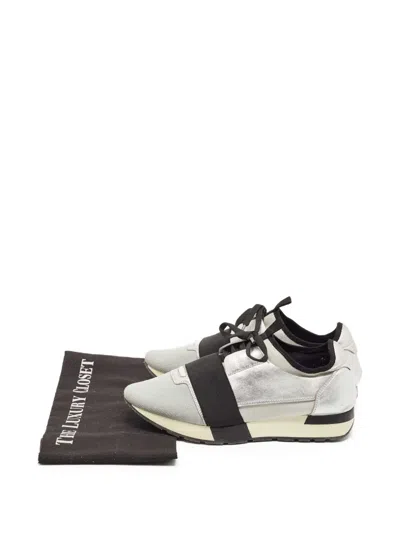 Pre-owned Balenciaga Knit Leather Lace-up Band Sneakers In Gray