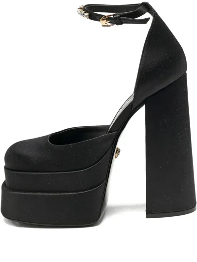 Pre-owned Versace 160mm Aevitas Satin Platform Crystal Pumps In Black