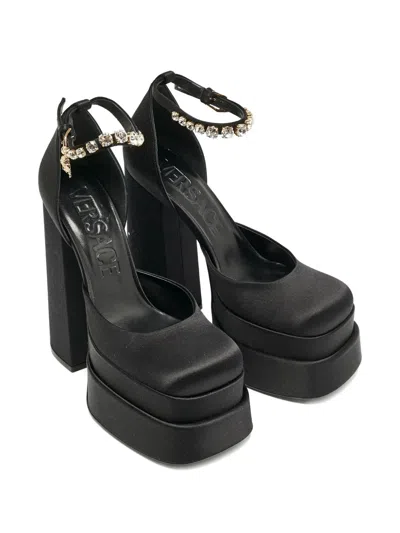 Pre-owned Versace 160mm Aevitas Satin Platform Crystal Pumps In Black