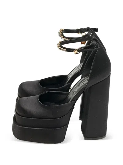 Pre-owned Versace 160mm Aevitas Satin Platform Crystal Pumps In Black