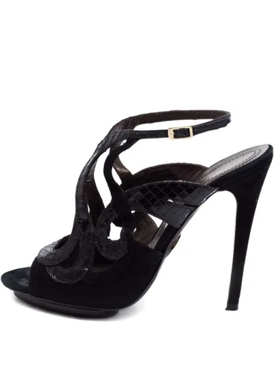Pre-owned Roberto Cavalli Vintage 120mm Snakeskin Leather Sandals In Black