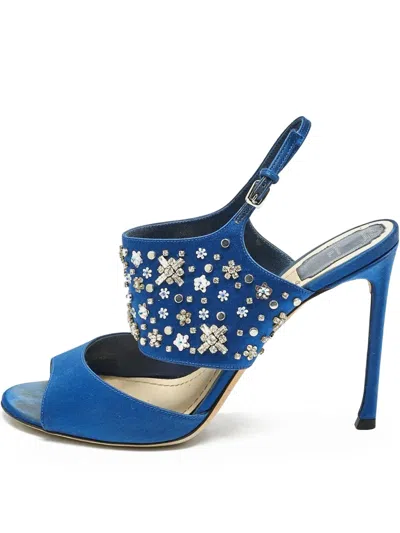 Pre-owned Dior 100mm Crystal-embellished Leather Heeled Sandals In Blue