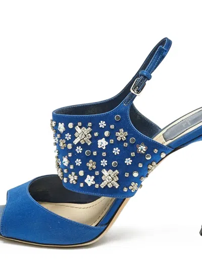 Pre-owned Dior 100mm Crystal-embellished Leather Heeled Sandals In Blue