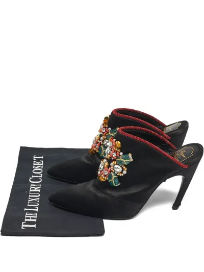 Pre-owned Roger Vivier Vintage Crystal-embellished Mules In Black