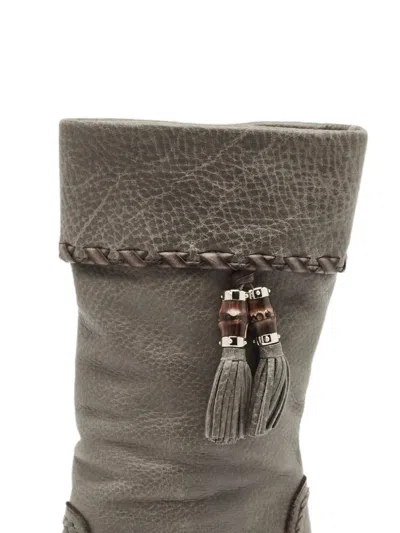 Pre-owned Gucci 105mm Leather Tassel-embellished Boots In Gray