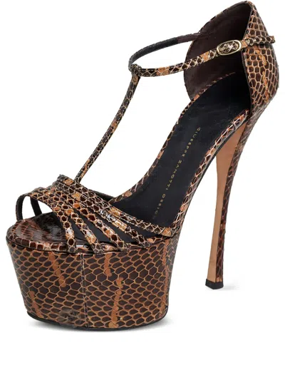 Pre-owned Giuseppe Zanotti Vintage 150mm Snakeskin-embossed Platform Sandals In Brown