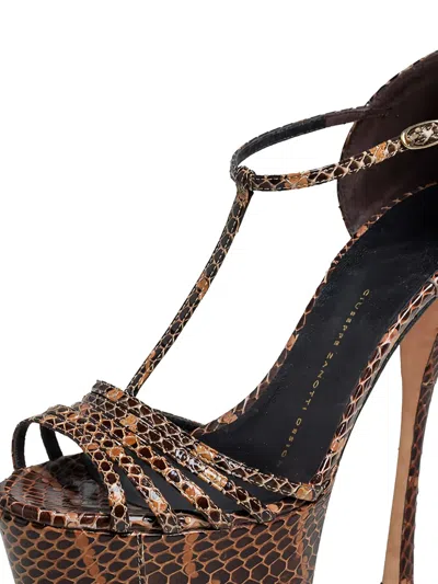 Pre-owned Giuseppe Zanotti Vintage 150mm Snakeskin-embossed Platform Sandals In Brown