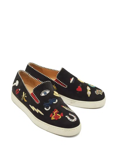 Pre-owned Christian Louboutin Pik N Luck Embellished Suede Slip-on Sneakers In Black