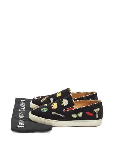Pre-owned Christian Louboutin Pik N Luck Embellished Suede Slip-on Sneakers In Black