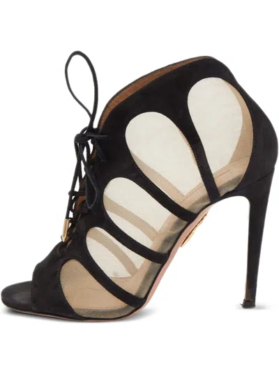 Pre-owned Aquazzura  110mm Mesh Suede Ankle Boots In Black