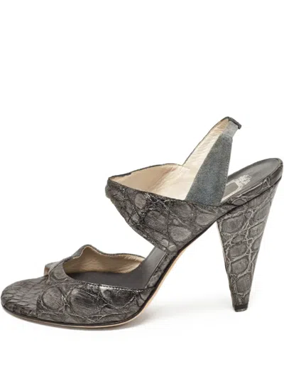 Pre-owned Dior 100mm Crocodile-embossed Slingback Sandals In Gray
