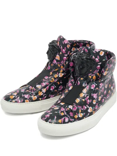 Pre-owned Versace Medusa Head Floral-print Sneakers In Black