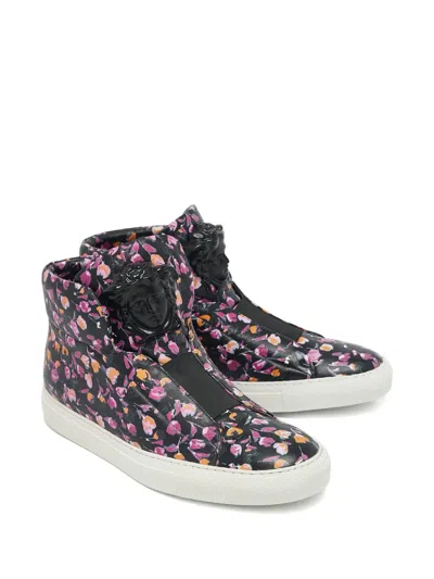 Pre-owned Versace Medusa Head Floral-print Sneakers In Black