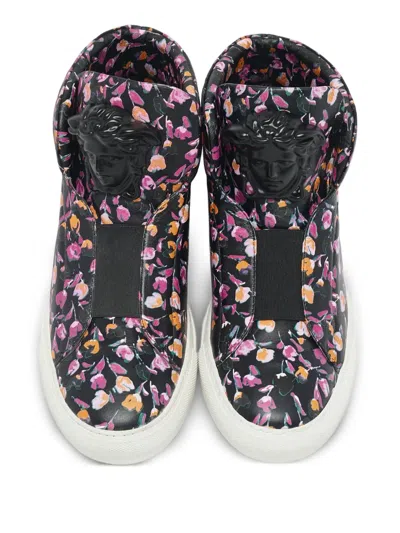 Pre-owned Versace Medusa Head Floral-print Sneakers In Black