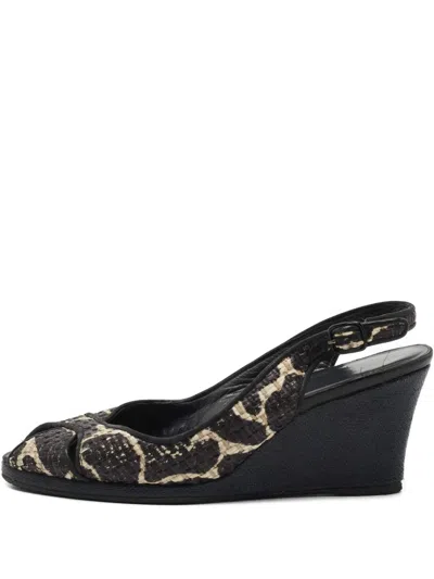 Pre-owned Stuart Weitzman Wedge-heel Raffia Sandals In Black