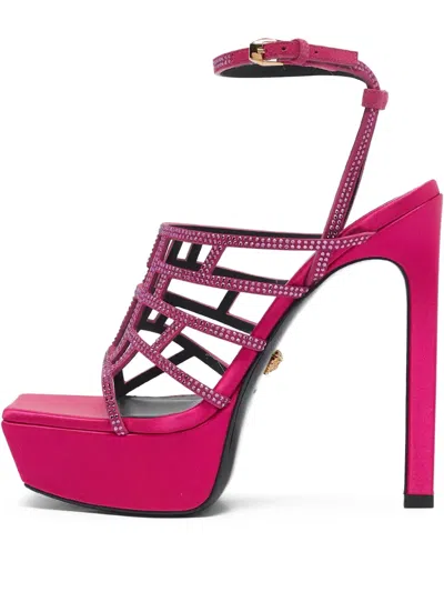 Pre-owned Versace 140mm Crystal Cage Platform Sandals In Pink