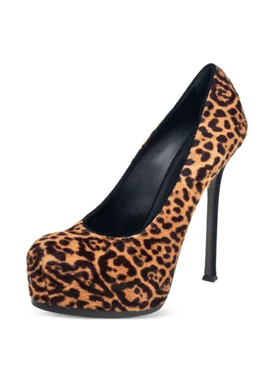 Pre-owned Saint Laurent Tribtoo Platform Leopard Pumps In Brown