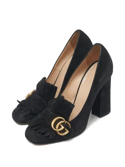 Pre-owned Gucci Marmont Fringe Pumps In Black