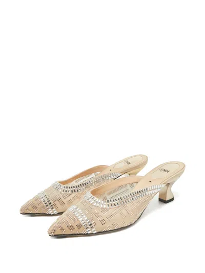 Pre-owned Fendi Mesh Slip-on Mules In Neutral