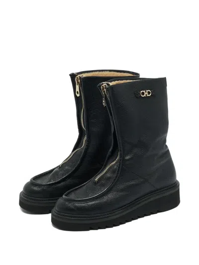 Pre-owned Ferragamo Eurialo Zipped Leather Boots In Black