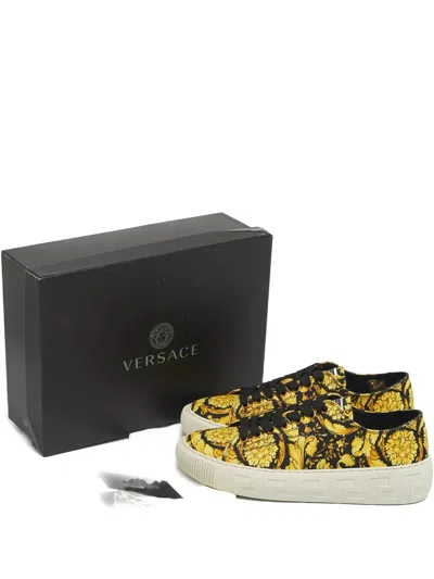 Pre-owned Versace Barocco-print Greca Sneakers In Yellow