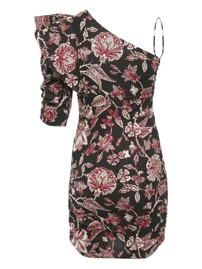 Pre-owned Isabel Marant Vintage Floral-print One-shoulder Mini Dress In Black