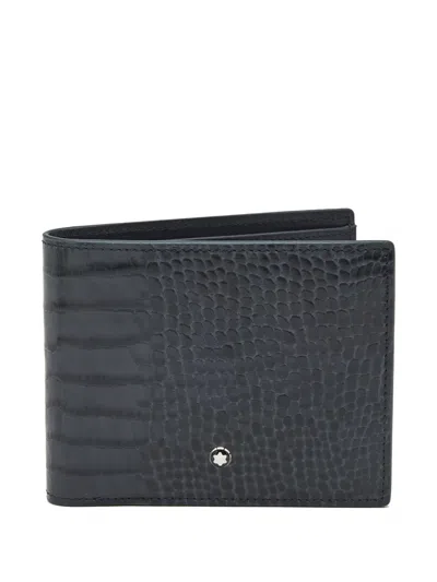Pre-owned Montblanc Croc-embossed Leather Bifold Wallet In Blue