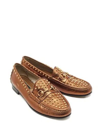 Pre-owned Gucci Spike-embellished Leather Loafers In Gold