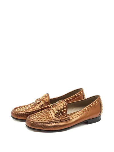 Pre-owned Gucci Spike-embellished Leather Loafers In Gold