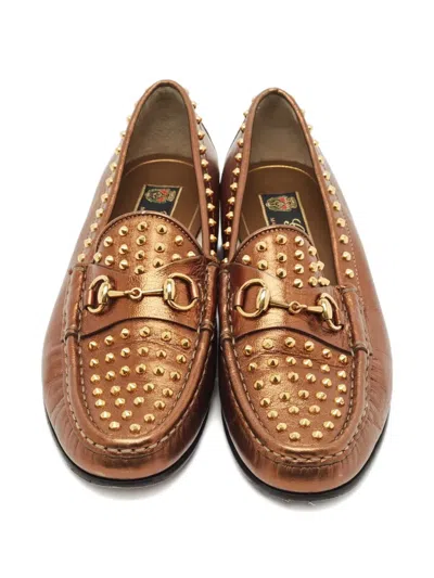 Pre-owned Gucci Spike-embellished Leather Loafers In Gold