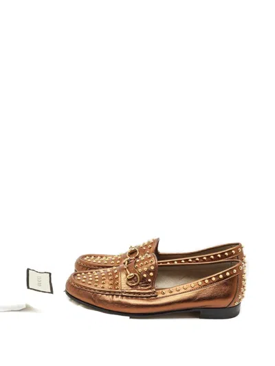 Pre-owned Gucci Spike-embellished Leather Loafers In Gold