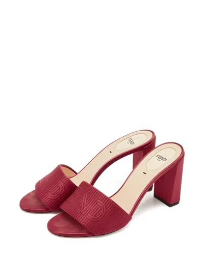 Pre-owned Fendi Embroidered Block-heel Sandals In Red