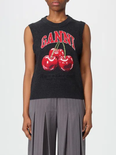 Ganni Sleeveless Intarsia Knit Crew Neck Top In Black