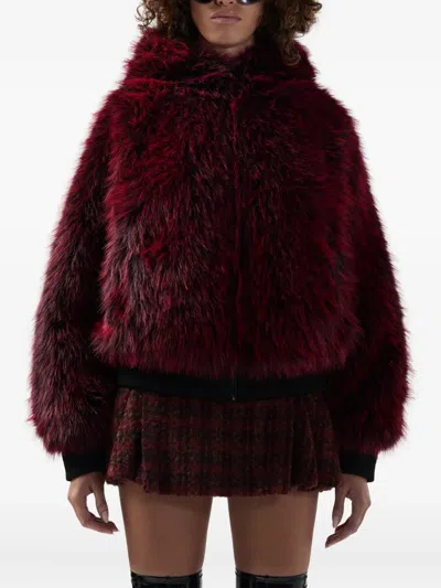 Gcds Fur Hood Jacket In Burgundy