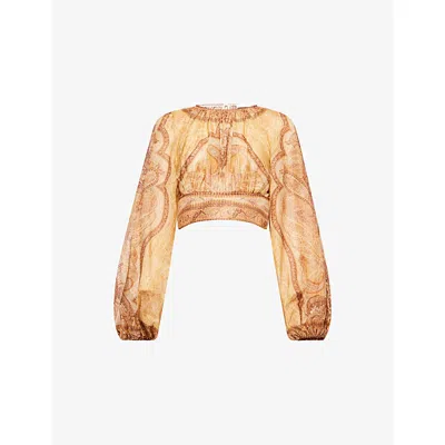 Zimmermann Womens Tapestry Mustard Multi Wanderlust Cropped Cotton-blend Top Xxs In Nude