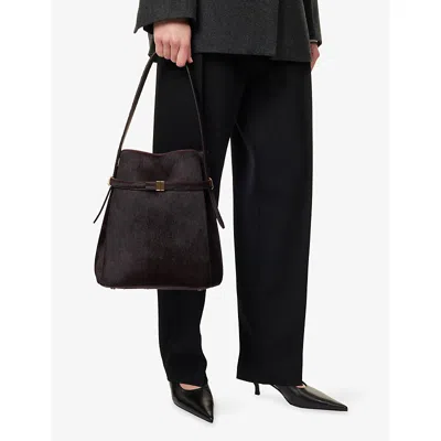 Totême Womens Wine Belted Pony Hair Leather Bucket Bag In Burgundy