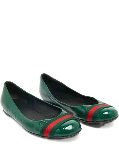 Pre-owned Gucci Web-detail Leather Ballet Flats In Green