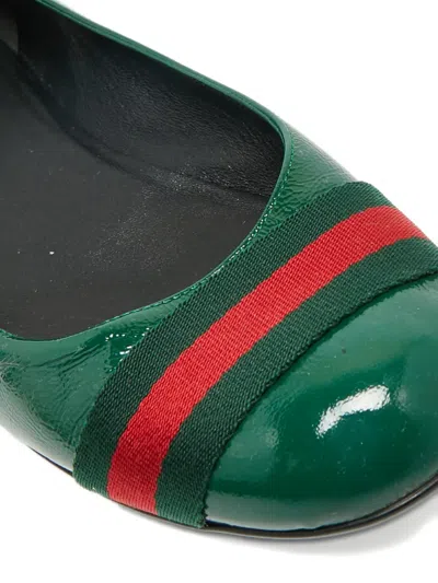 Pre-owned Gucci Web-detail Leather Ballet Flats In Green