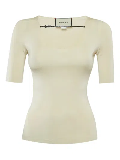Pre-owned Gucci Leather-trimmed Knitted Top In Neutral