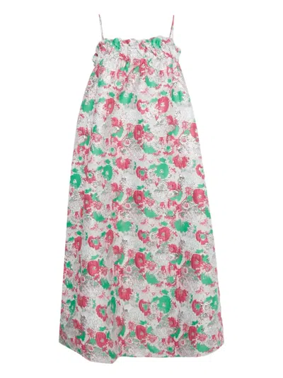 Pre-owned Ganni Jacquard Ruffled Midi Dress In White