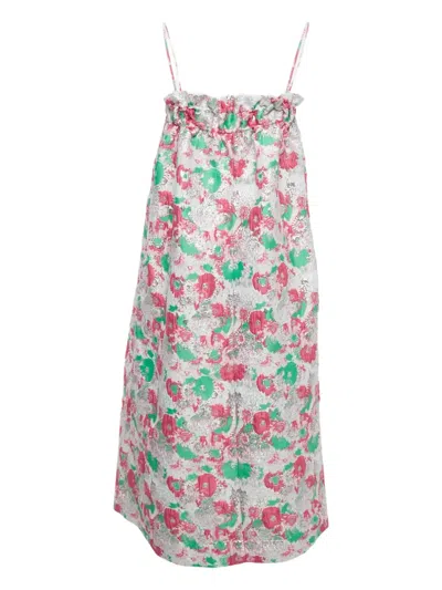 Pre-owned Ganni Jacquard Ruffled Midi Dress In White