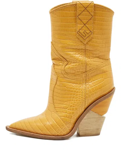 Pre-owned Fendi Croc-embossed Leather Cowboy Boots In Yellow